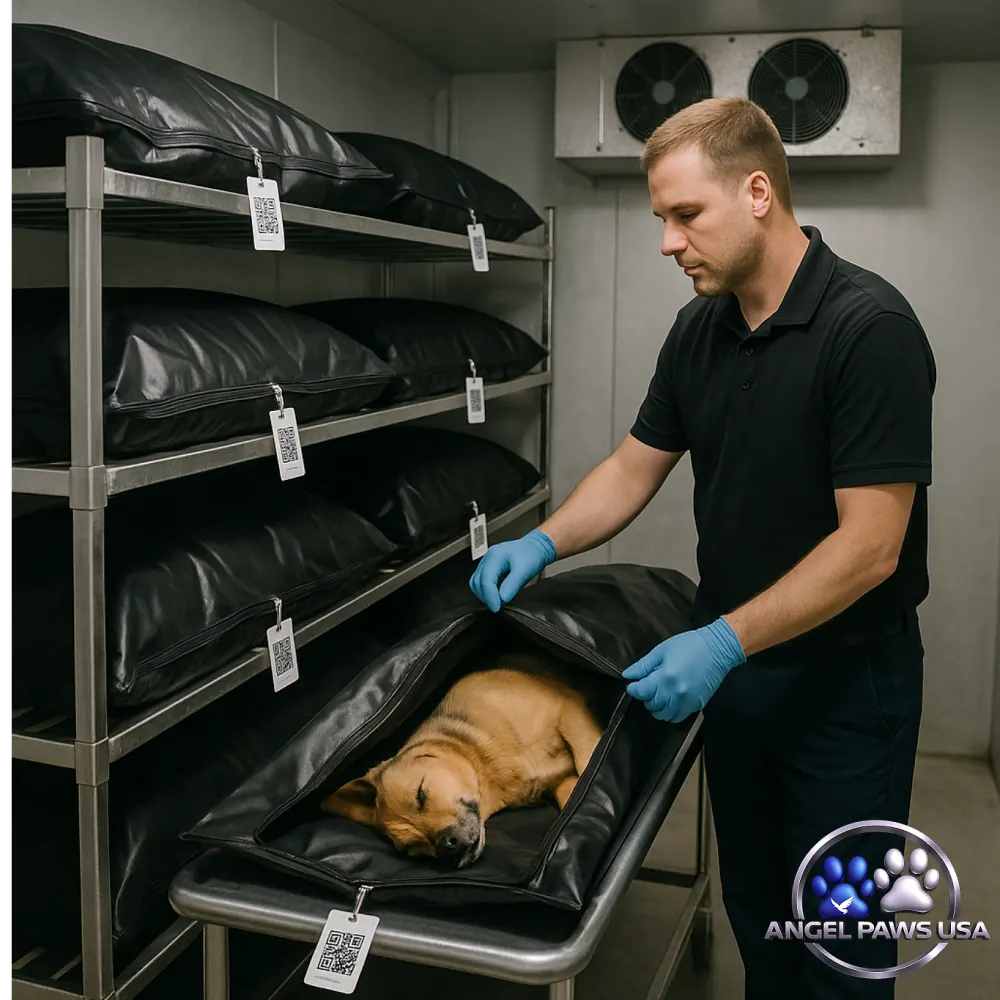 Respectful cooler care and tagged pet handling before cremation