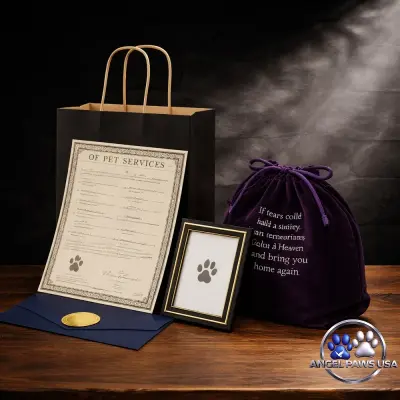 Bronze private pet cremation package with velvet bag urn and ink paw print