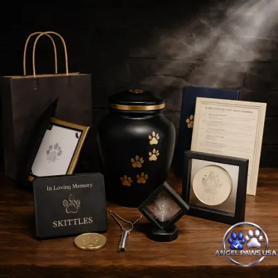 Gold private pet cremation package with urn options and memorial keepsakes