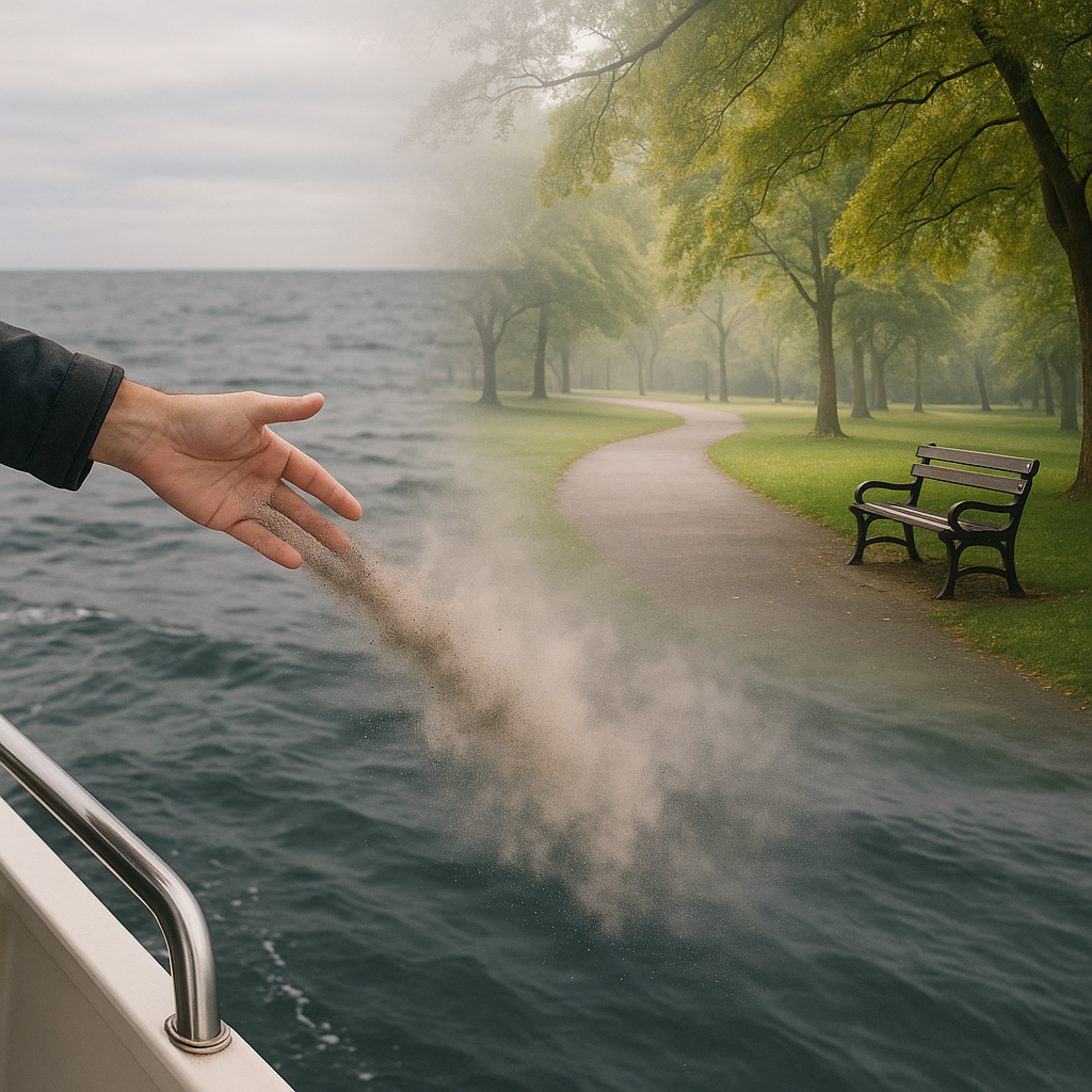 Gentle scattering over water; communal ashes handled respectfully